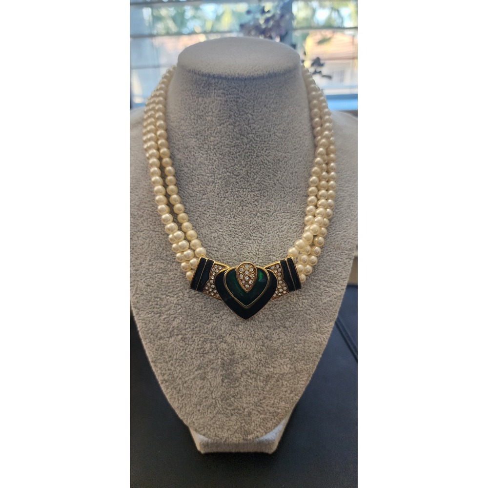Vintage Triple Strand Faux Pearl Necklace Green Black Enamel Heart Rhinestone